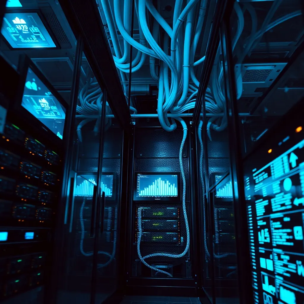 High-tech server room with glowing blue cables and data visu